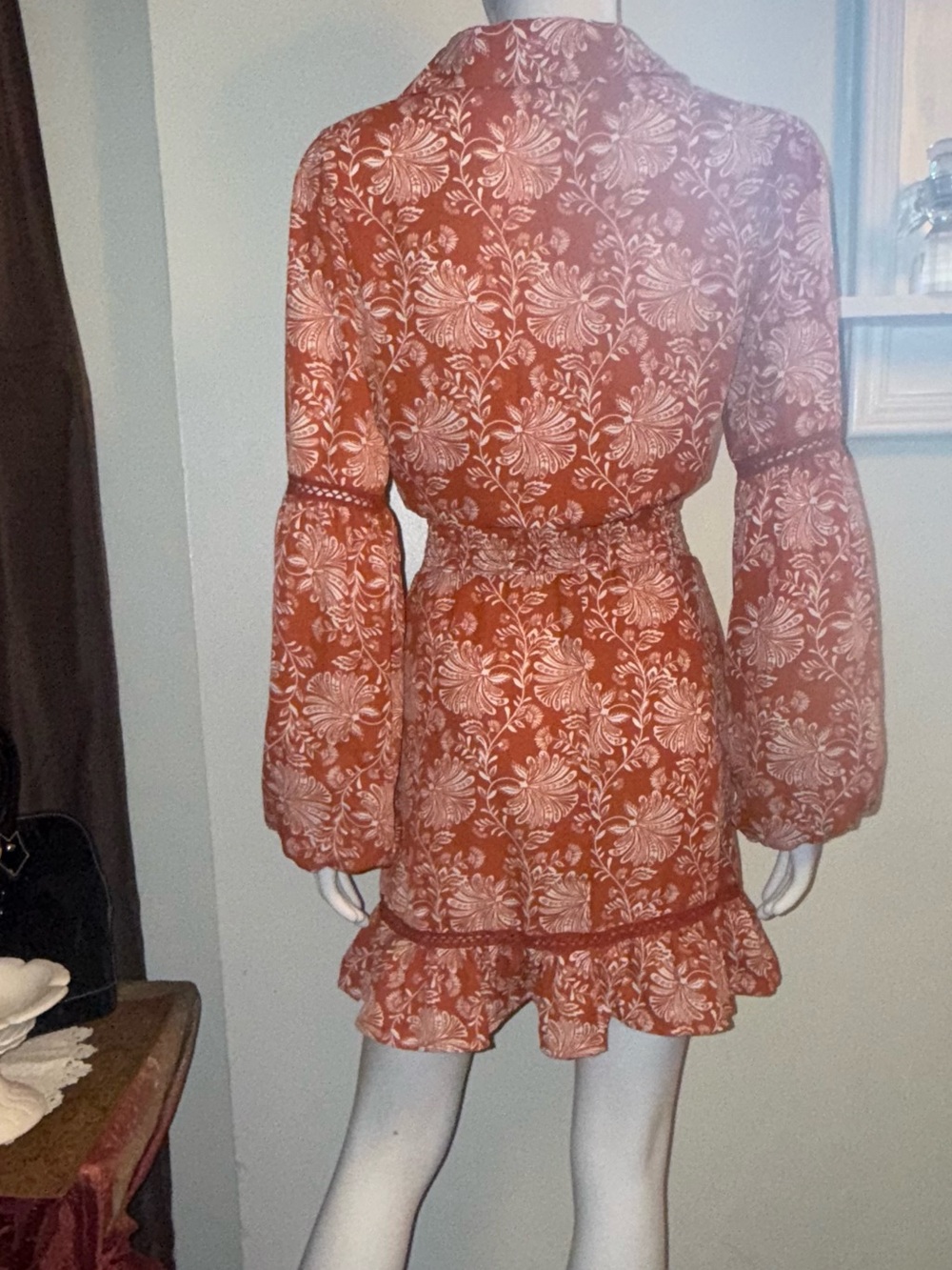 Women's Rust Floral Ruffle Mini Dress - Picture 6 of 10